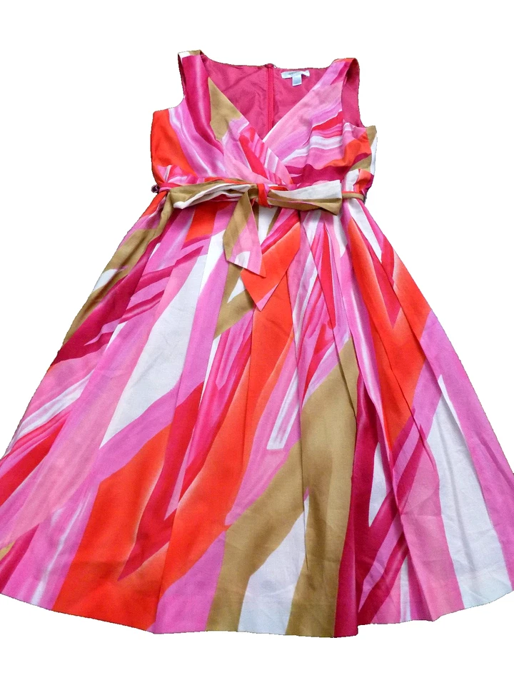 DressBarn EUC Dress Empire Sleeveless Belt tie bow Pink Beige Orange Cotton Sz 8 - Image 1 of 4