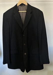 J. Ferra Men's 46 Long Black with Pin Stripes Blazer Suit Jacket 100% Wool - Picture 1 of 6