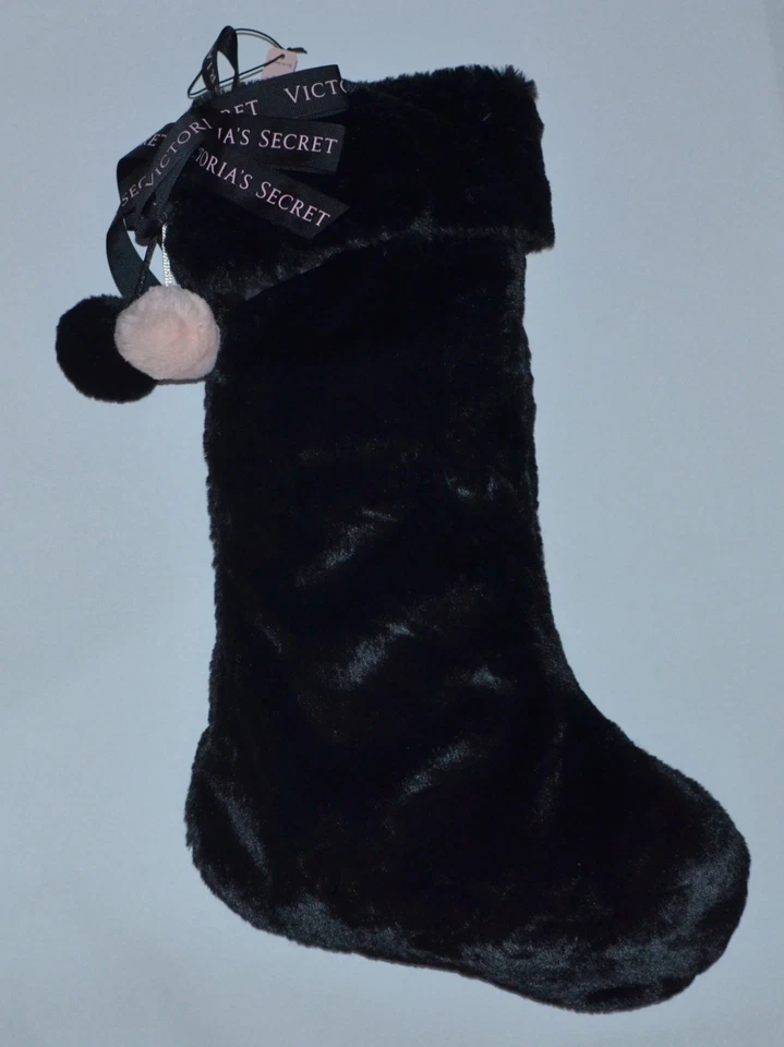 Victoria's Secret Velvet Black Plush Christmas Holiday Stocking With Tags