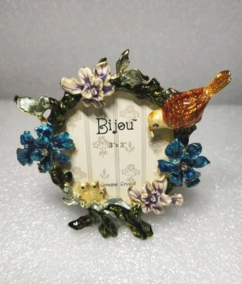 Bijou 3" x 3" Photo Frame Birds Enamel & Crystals Ornate Mother Bird With Babies - Image 1 of 4