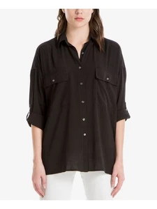MAX STUDIO Womens Black Pocketed Cuffed Sleeve Collared Button Up Top XS\S - Picture 1 of 9