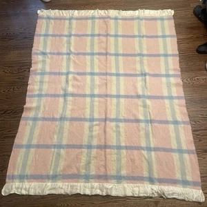 VTG 100% wool blanket Chatham Made in USA Plaid Pastel Damaged - Picture 1 of 10
