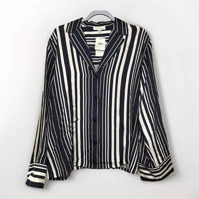 CLUB MONACO Relaxed Resort Shirt Striped Navy White Button Up Viscose Size L NEW - Image 1 of 4