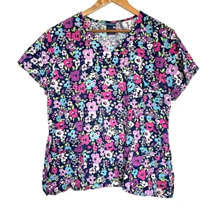 ZOE + CHLOE Scrub Top Women's XL Floral Cotton V Neck Short Sleeve Shirt - Picture 1 of 6