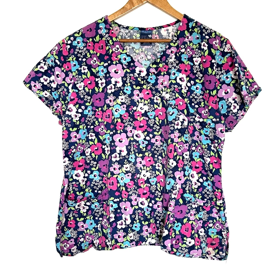 ZOE + CHLOE Scrub Top Women's XL Floral Cotton V Neck Short Sleeve Shirt - Image 1 of 4