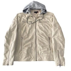 G By GUESS Men’s XL Faux Leather Hooded Moto Jacket removable Hood Off White - Picture 1 of 16