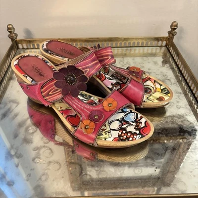 Sandálias anabela floral Via Veneto sapatos femininos tamanho 10 rosa murta boho art déco - Imagem 1 de 4