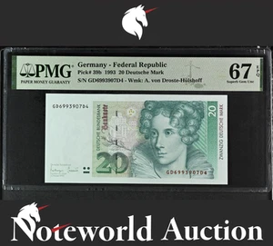 Germany Federal 20 Deutsche Mark 1993 P 39b UNC PMG 67 EPQ 2nd TOP POP - Picture 1 of 4