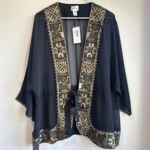 Women's Chico's Jacket Sz 2 Semi Black Sheer Tie Front SILK Artemisia Gwenyth - Picture 1 of 10
