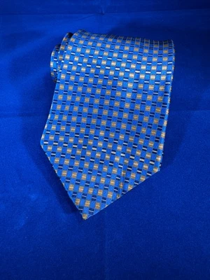 Corbata DKNY Hombre 100% Seda, Patrón Geométrico Azul y Dorado, Usada en Excelente Condición Foto 1 de 4