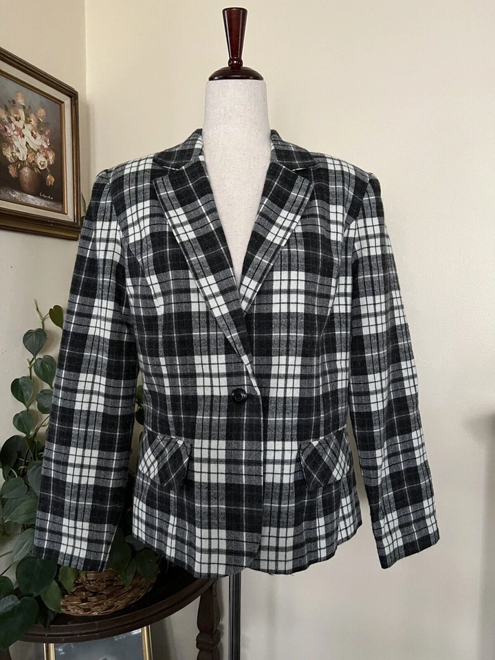 Blazer Leslie Fay Vintage Blanco y Negro Franela a Cuadros Talla 12 Mezcla de Lana Foto 1 de 4