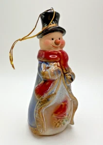 Vintage Schneemann Glocke Christbaumschmuck Keramik 5" glasiert Kardinal Zylinder Hut - Bild 1 von 8