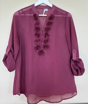 Lauren Conrad Dark Red Sheer Roll Tab Blouse Floral Tank Top Cami Set XS - Image 1 of 4