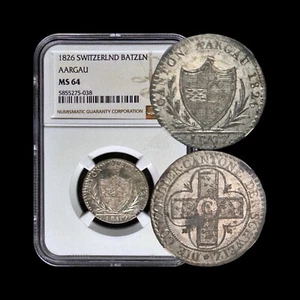 SWITZERLAND. 1826, Batzen, Silver  - NGC MS64 - Cantons, Aargau, Rivers, Beaded - Picture 1 of 14