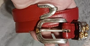 VTG 1996 Red Embossed Leather Belt Silver Hardware Size M 1”Wide Style #23112  - Picture 1 of 5