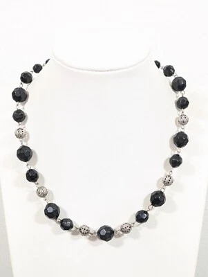 复古黑色刻面珠银色金银丝球可调节项链 20 英寸 — 第 1/4 张图片