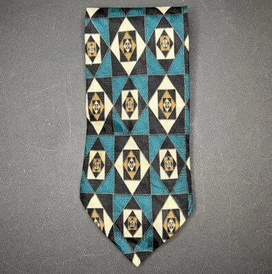 Scenario by Martin Wong Silk Geometric Patterned Tie Green Blue Black Yellow - Image 1 of 4