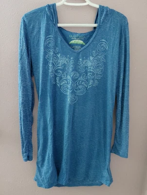Earth Yoga Women’s Hooded Top Blue V Neck L/S Organic Fabric Size XL - Image 1 of 4