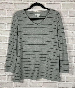 J.Jill Top Womens Sz Small Gray Black Striped Pockets Pullover Long Sleeves - Picture 1 of 7