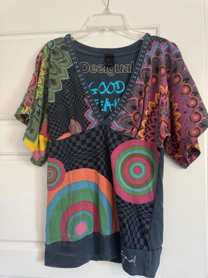 VINTAGE Desigual Babydoll Top T Shirt Sz M V Neck Colorful Bohemian BOHO Nice - Image 1 of 4