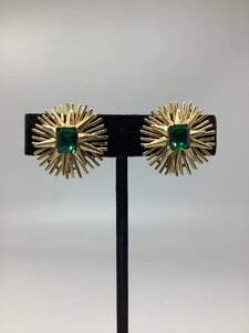 Vintage Krone Trifari Atomic Starburst Ohrclips goldfarben Smaragd Stein - Bild 1 von 5