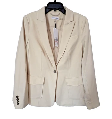 Calvin Klein Mujer Talla 10 Beige Un Botón Blazer Chaqueta Mezcla Rayón Foto 1 de 4