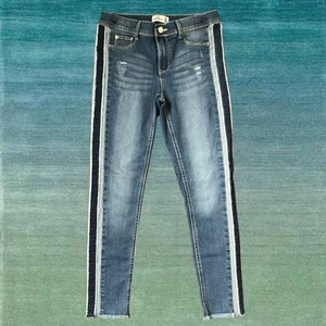 Jordache Girls Blue Skinny Jeans Size 16 Side Stripe Raw Hem Distressed Stretch - Picture 1 of 12