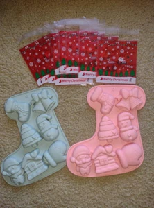 NEW 2 Christmas Silicone Candy Molds & 10 Holiday Gift Bags Reusable Mold Baking - Picture 1 of 4