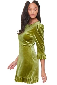 Velvet Flounce Mini Dress- Green- Small - Picture 1 of 5