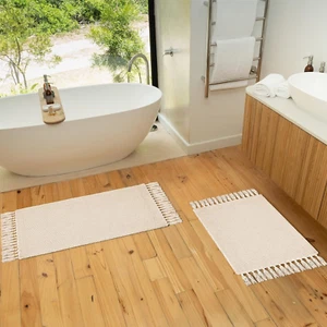 Set of 2 Soft Boho Bathroom Rugs with Tassels - Beautiful Boho Cotton Rugs That - Picture 1 of 12