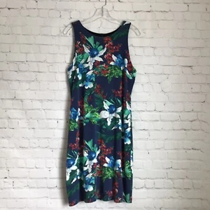 Karen Kane Sleeveless Dress Womans Large Blue Tropical Floral Stretch Knit Lined - Picture 1 of 7