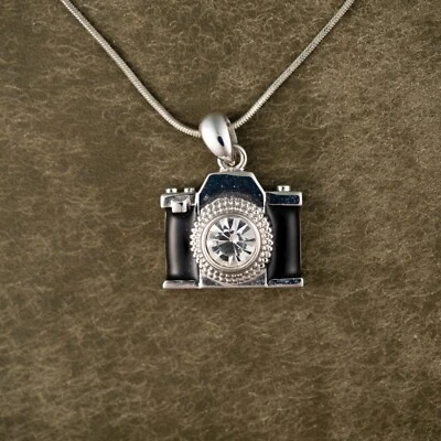 JEWELRY - NECKLACE - CAMERA  CHARM -WHITE GOLD -Crystal Stud Mini  Pendant  16"  - Image 1 of 4