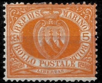 San Marino Stamps 1890 ☀  5 Cent Orange Sc 4 - Cv $180 ☀ MNG - Image 1 of 2