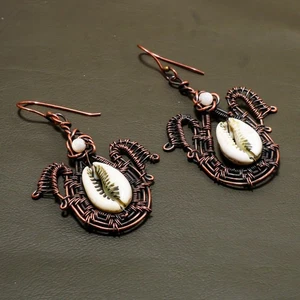 Cowrie Shell Gemstone Handmade Wire Wrap Copper Jewelry Earrings 2.70" SR 120 - Picture 1 of 6