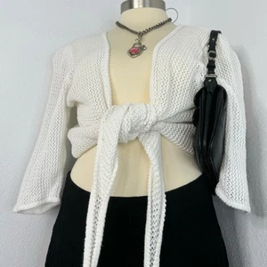 Y2K Knit White Wrap Tie Cardigan Top Sweater 3/4 Sleeves Balletcore Plus Size 2X - Picture 1 of 7