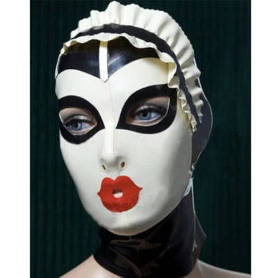 Latex Hood with Lace Forehead Maid Uniform Rubber Mask Cosplay Club Wear Costume - Image 1 of 4