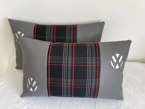 VW logo cushions in grey faux leather with red stripe GTI Tartan trim new - Picture 1 of 7