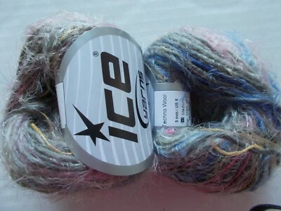 Ice Yarns Techno Wool soft eyelash yarn, khaki/yellow/blue, lot of 2(110 yds ea) - Image 1 of 2