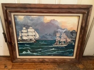 Vtg mid century Oil Painting Nautical Clipper Ship Signed Sea ocean Marine Frame - Picture 1 of 12