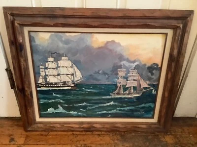 Vtg mid century Oil Painting Nautical Clipper Ship Signed Sea ocean Marine Frame - Image 1 of 4