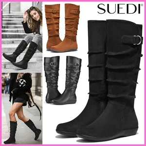 SUEDI Women Knee High Slouchy Boots Buckle Low Heel Side Zipper Flat Tall Boots - Picture 1 of 49