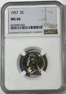 1957 Jefferson  5C NGC MS66 (#18055) nice flashy coin. Just missed FS.Fresh hold - Picture 1 of 2
