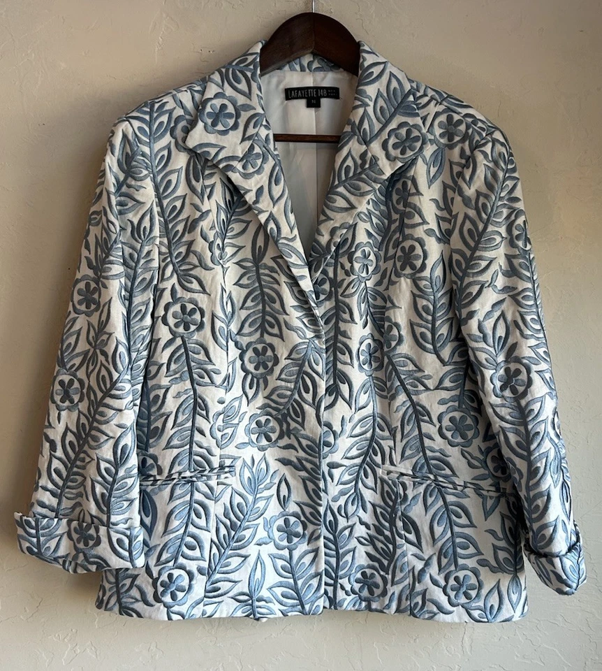 Lafayette 148 100% льняной вышитый блейзер куртка 14 роскошь дизайнерский синий белый - Изображение 1 из 4