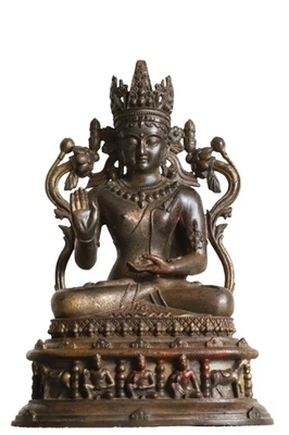 Antiga estátua chinesa dourada de bronze bodhisattva sentada no trono de lótus decoração para casa - Imagem 1 de 4