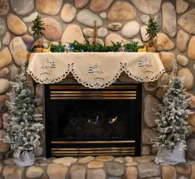 Embroidered Beige Winter Snow Scene Mantel Scarf (19" x 90") - Image 1 of 4