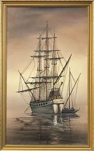 MARAVILLOSA PINTURA AL ÓLEO DE PAISAJE MARINO AMARRE ILUMINADA POR LA LUNA 'Calm Seas' siglo XX - Imagen 1 de 10