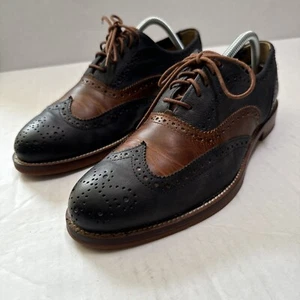 Handmade Two Tone Brown Navy Leather Wing Tip Brogue Men’s 8.5 Lace Dress Shoes - Picture 1 of 18