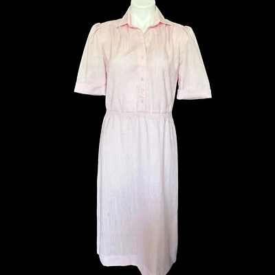 Leslie Faye 70s Pink Dress Union Made  Elastic Waist Collar Buttons Size 8 - Image 1 of 4