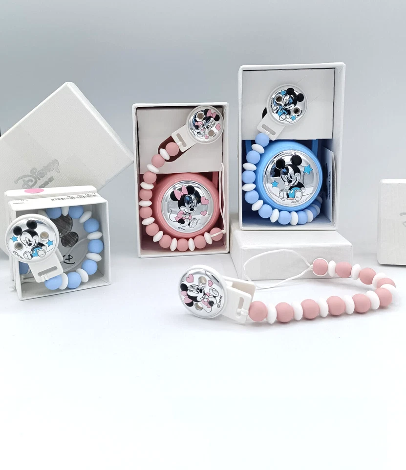 DISNEY SPILLA PORTA CIUCCIO + BOX IN MIRO-SILVER 999 MINNIE & TOPOLINO ARGENTO - Immagine 1 di 4