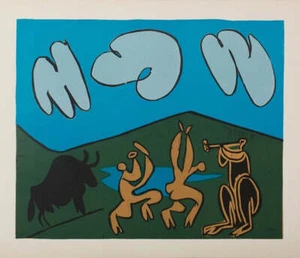 Pablo PICASSO : Bacchanale au taureau noir, Linogravure (1962) - Picture 1 of 3